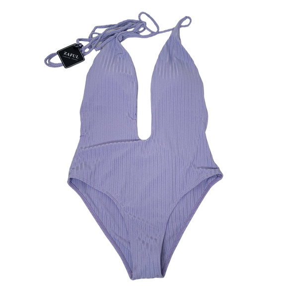 NWT Zaful Deep V Ribbed Swimsuit Sexy One Piece Lilac Pastel Medium Open Back - Picture 2 of 10